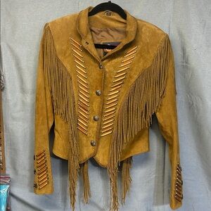 Cripple Creek western/biker leather jacket with fringe and wood embellishments
